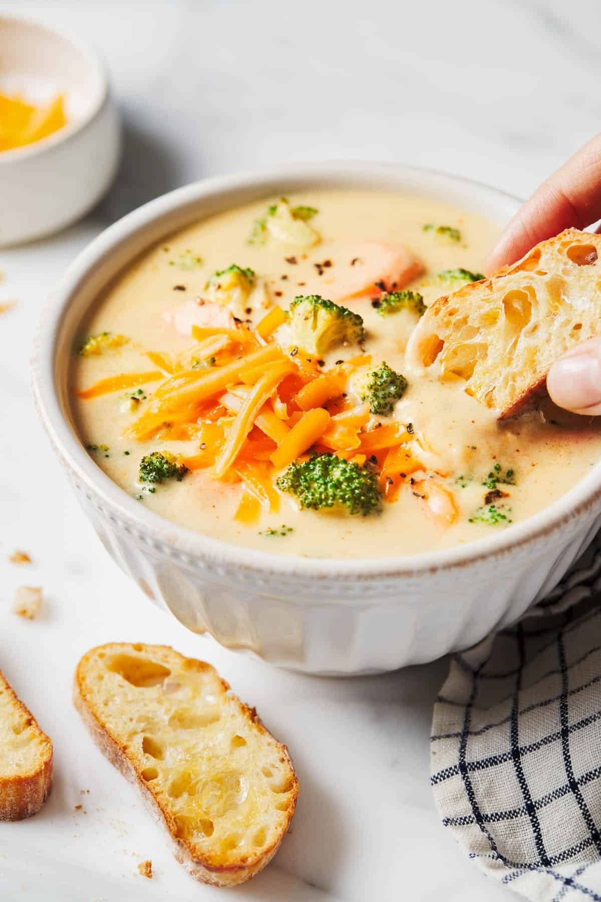 Broccoli cheese soup in a bowl.