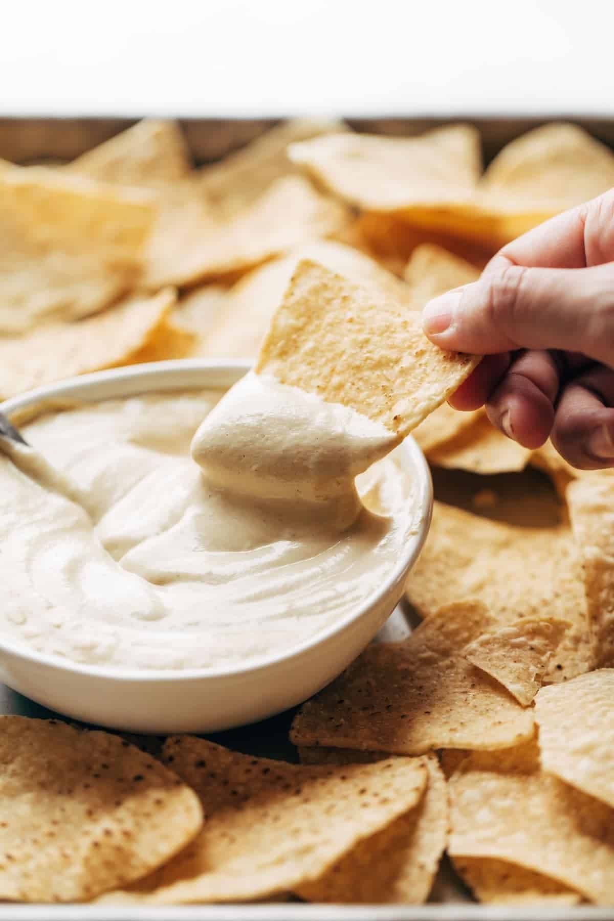 Vegan queso in a bowl.