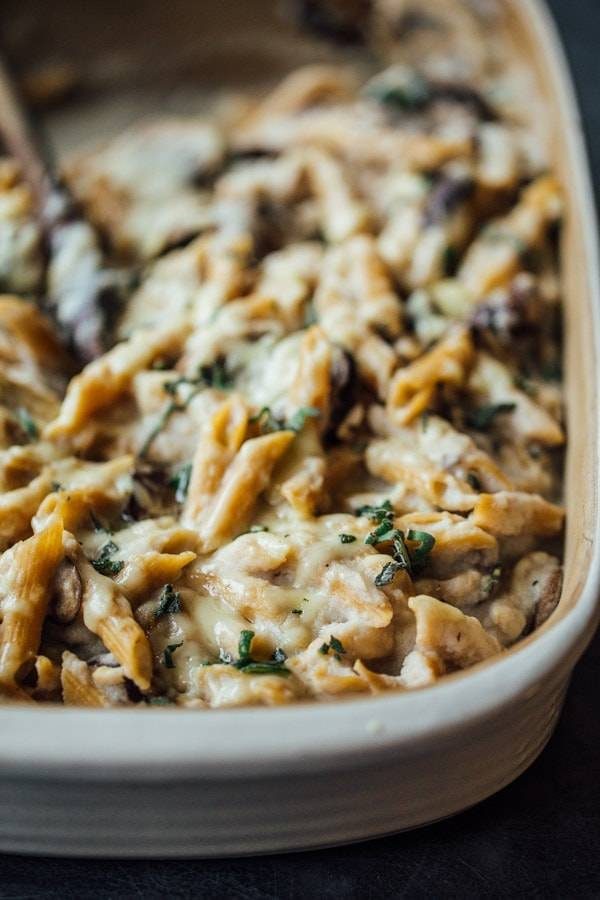 Healthy Mushroom Alfredo Pasta Bake in a pan.